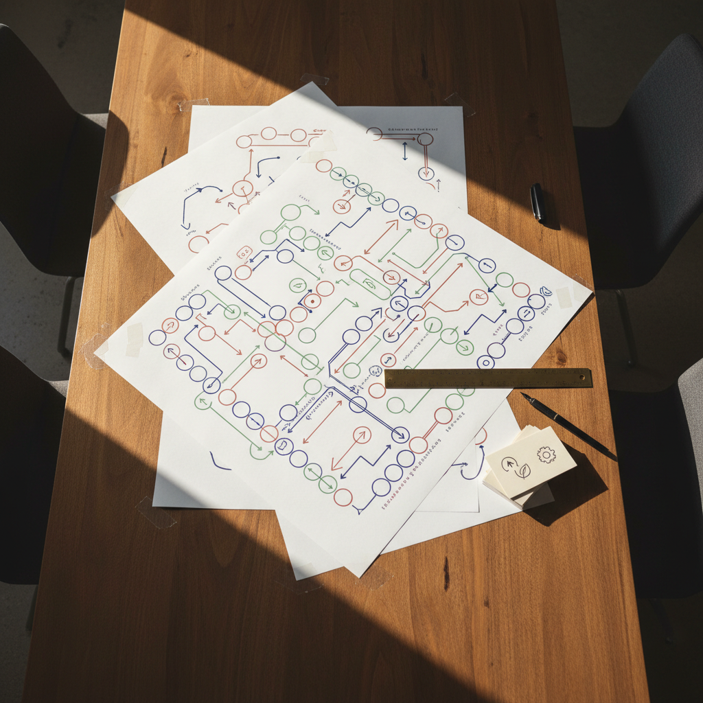 An overhead photographic view of a large, hand-drawn systems map spread across a broad walnut table: clean white sheets taped together seamlessly, filled with precise circles, arrows, and color-coded pathways in deep navy, rust, and soft sage. A slim brass ruler, a fine black pen, and a small stack of index cards with minimalist icons sit neatly along the edge. Soft late-afternoon light streams diagonally across the table, emphasizing the paper’s texture and casting long, delicate shadows from the tools. The background falls off into soft darkness, keeping the focus on the map. The atmosphere is contemplative and analytical yet warm, conveying a sense of clarity emerging from complexity and the patient craft of mapping a growth journey.